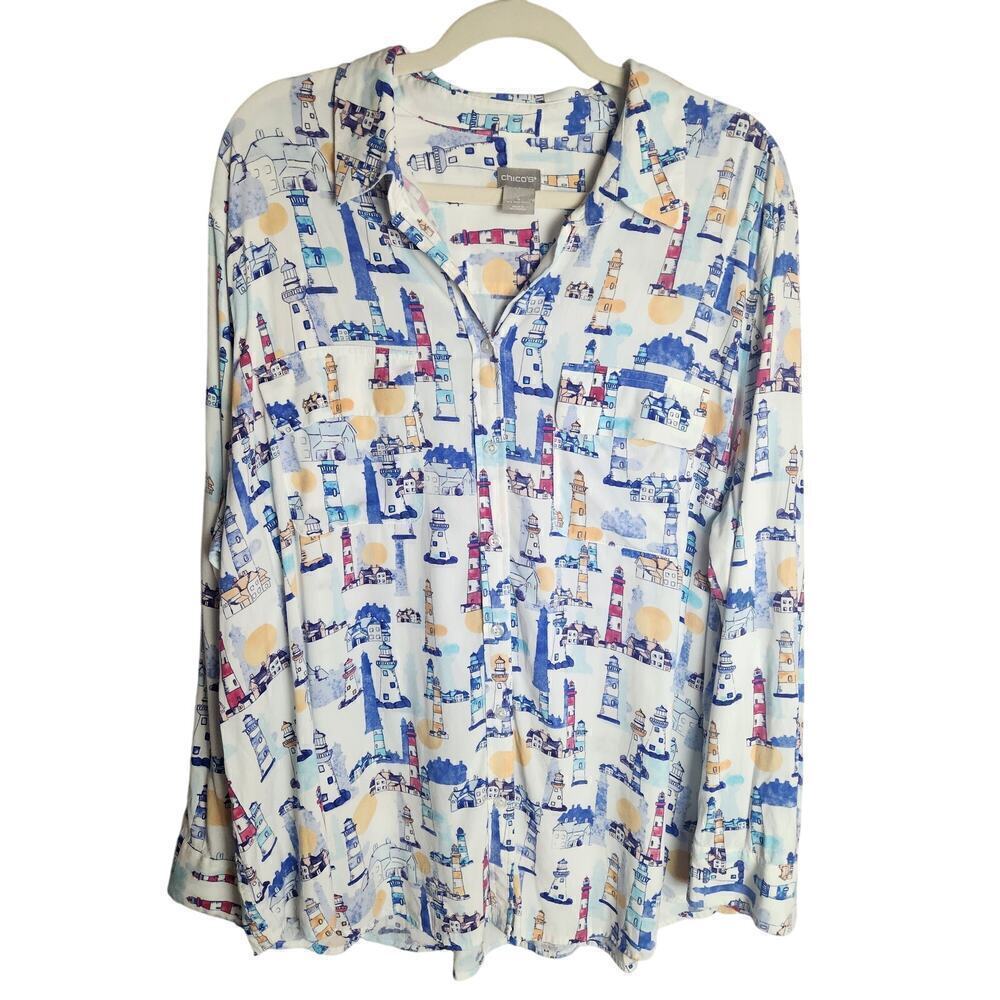 Chico's Novelty print Lighthouses button front blouse sz 4/ 20/22 nautical - Picture 1 of 8